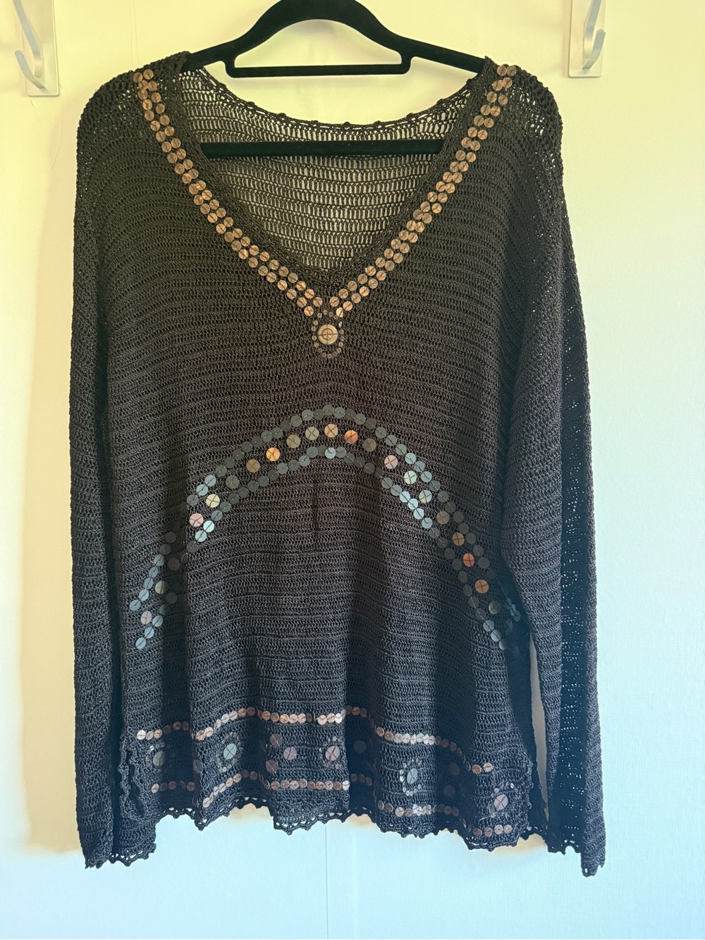 Boho Crochet Knit Sweater Embellishedt Chocolate Brown Festival Tunic Black OS